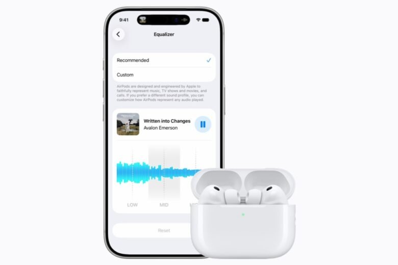 iPhone displaying the AirPods custom equalizer with low, mid, and high controls next to a pair of white AirPods