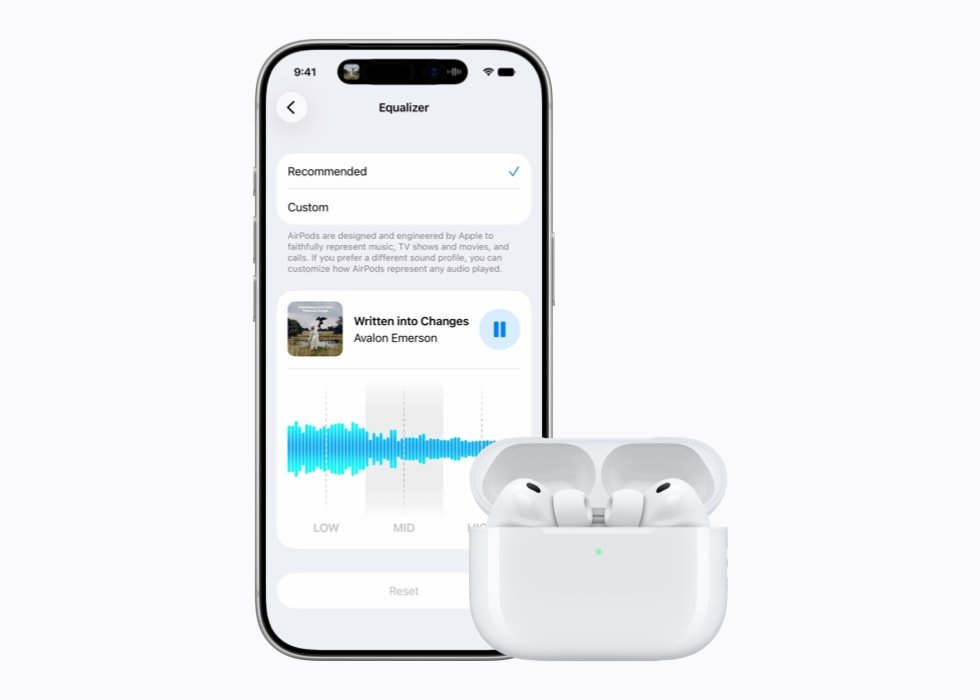 iPhone displaying the AirPods custom equalizer with low, mid, and high controls next to a pair of white AirPods