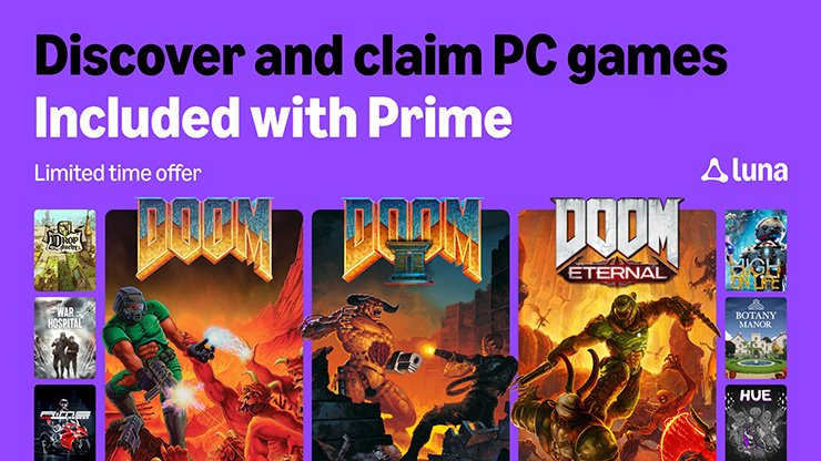 Amazon Luna purple promotional graphic for PC games included with Prime, featuring DOOM Eternal and other game cover art