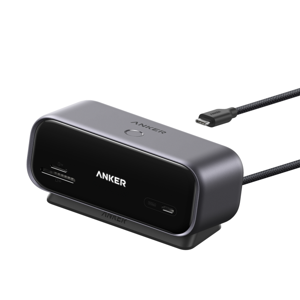 Official render of the gray Anker Desktop USB-C Hub with its front display, card slots, USB-C port and attached host cable
