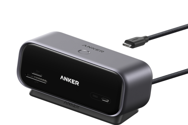 Official render of the gray Anker Desktop USB-C Hub with its front display, card slots, USB-C port and attached host cable