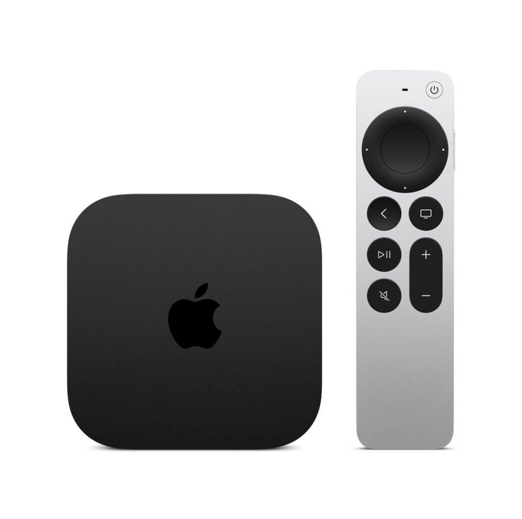 Apple TV 4K streaming box beside the silver Siri Remote