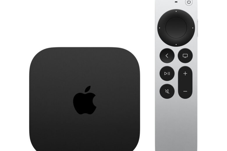 Apple TV 4K streaming box beside the silver Siri Remote