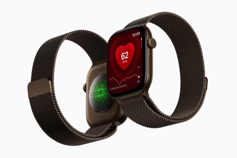 Two Apple Watch Series 12 devices showing the rear sensors and Heart Rate app
