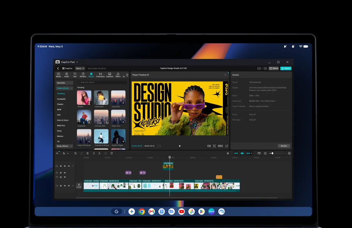Googlebook display showing CapCut with a video preview, editing tools and a multitrack timeline