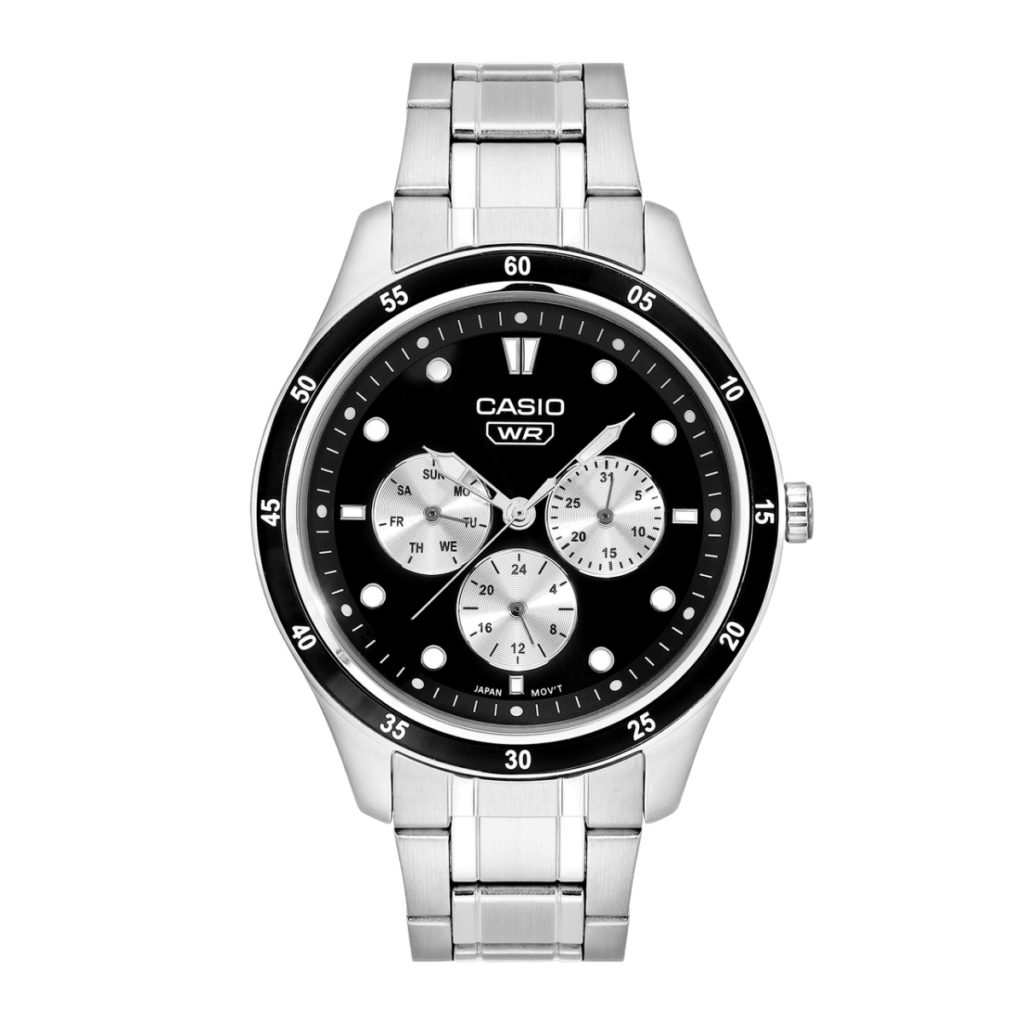Official Casio image of MTP-SN4KD-1A analog watch with black dial, three white subdials and silver steel bracelet