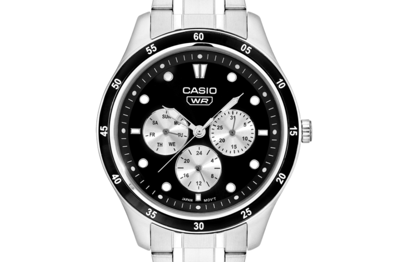 Official Casio image of MTP-SN4KD-1A analog watch with black dial, three white subdials and silver steel bracelet