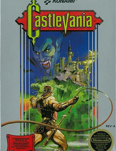 Original Castlevania cover art showing Simon Belmont facing Dracula’s castle