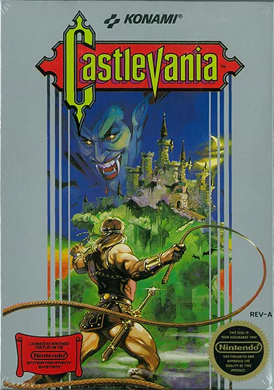 Original Castlevania cover art showing Simon Belmont facing Dracula’s castle