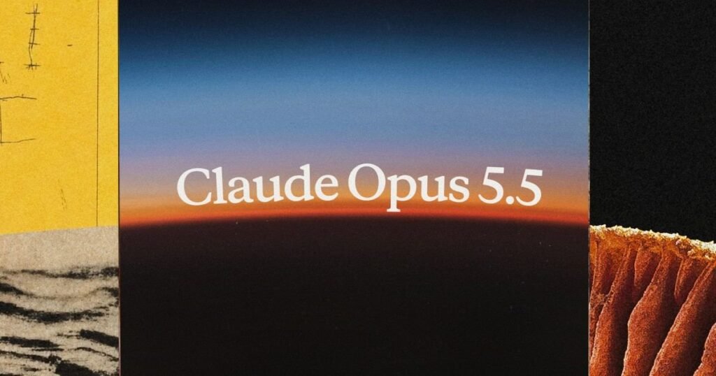 Claude Opus 5.5 title over a sunset gradient surrounded by yellow, black and textured collage panels
