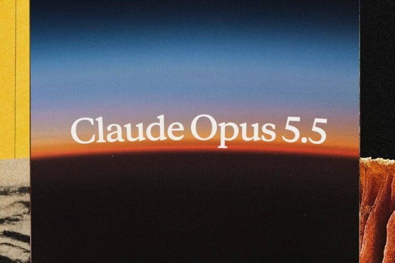 Claude Opus 5.5 title over a sunset gradient surrounded by yellow, black and textured collage panels