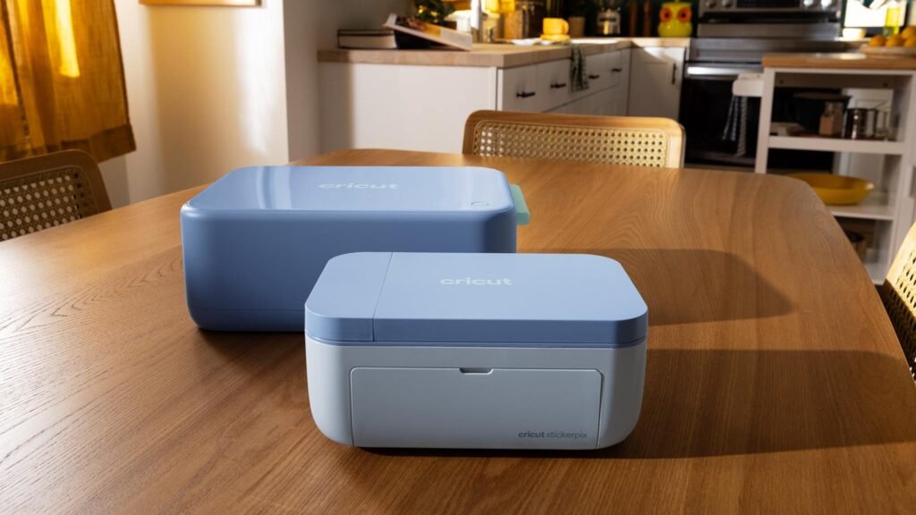 Cricut StickerPix Print + Cut and StickerPix Print machines with sample sticker sheets and photo prints