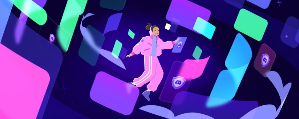 Illustrated person wearing headphones among colorful message cards, including cards marked with Discord shield icons