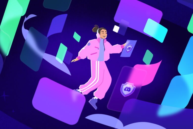 Illustrated person wearing headphones among colorful message cards, including cards marked with Discord shield icons