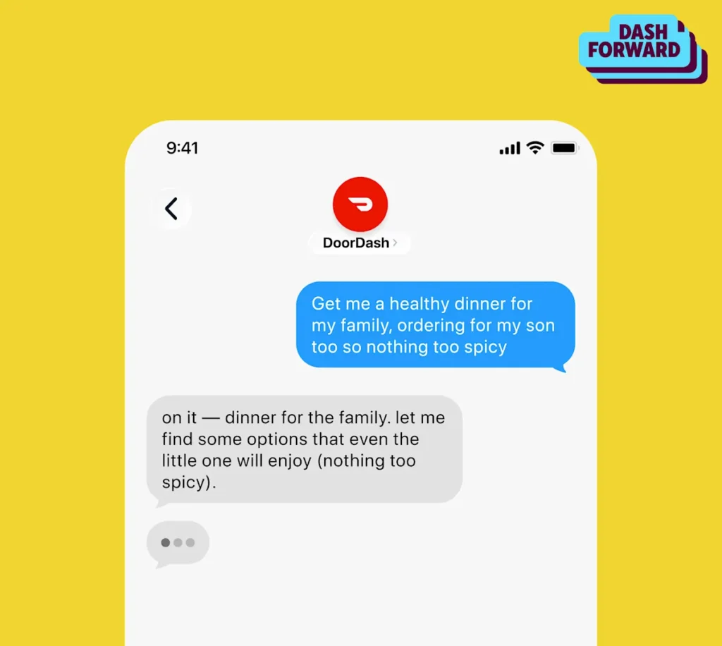 DoorDash promotional graphic showing a phone conversation in which a customer asks for a custom iced matcha and the assistant prepares the cart. Image: DoorDash.