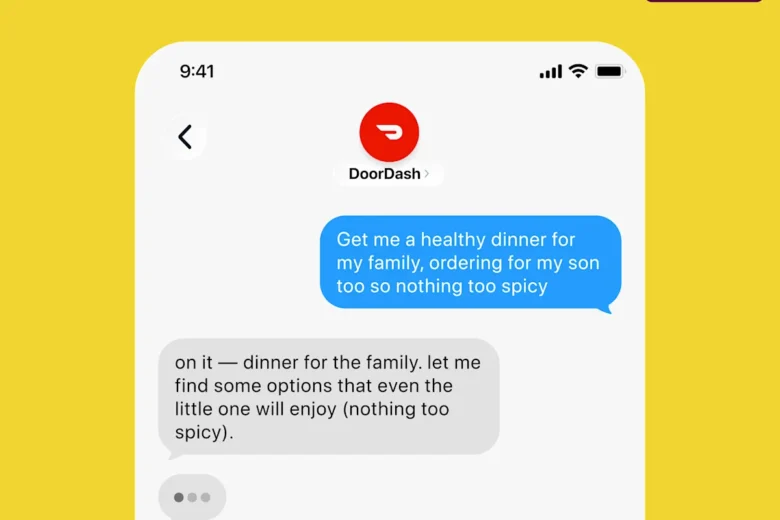 DoorDash promotional graphic showing a phone conversation in which a customer asks for a custom iced matcha and the assistant prepares the cart. Image: DoorDash.