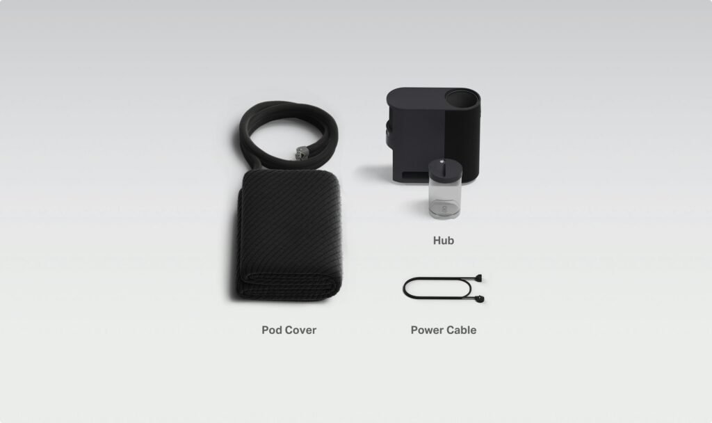 Eight Sleep Pod 6 cover, compact hub, refill container and power cable on a white background