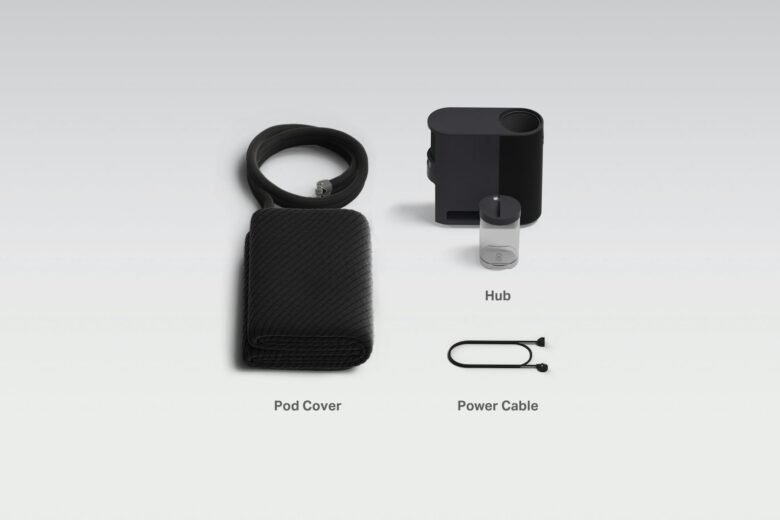 Eight Sleep Pod 6 cover, compact hub, refill container and power cable on a white background