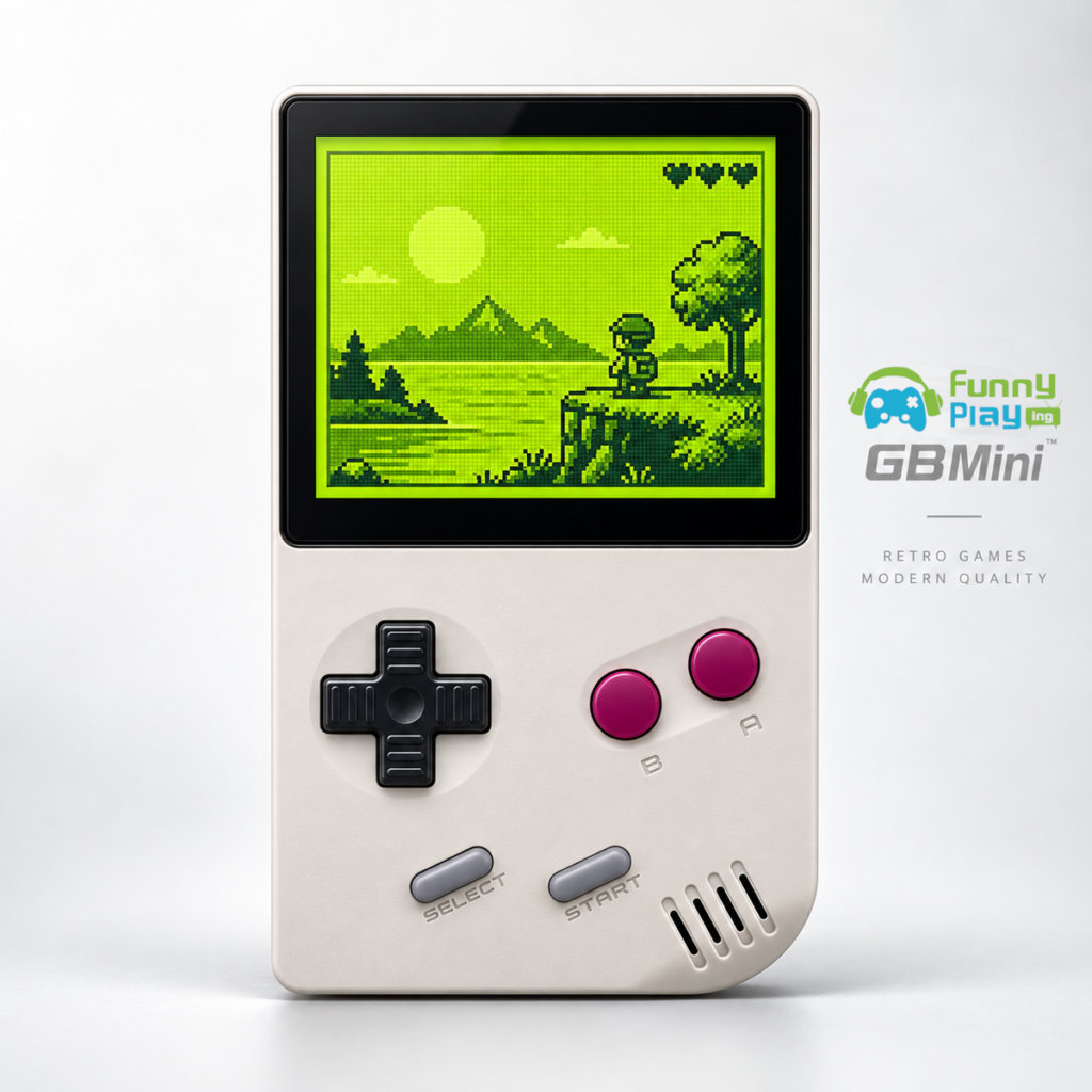 FunnyPlaying promotional rendering of a gray handheld with magenta buttons and a green game scene