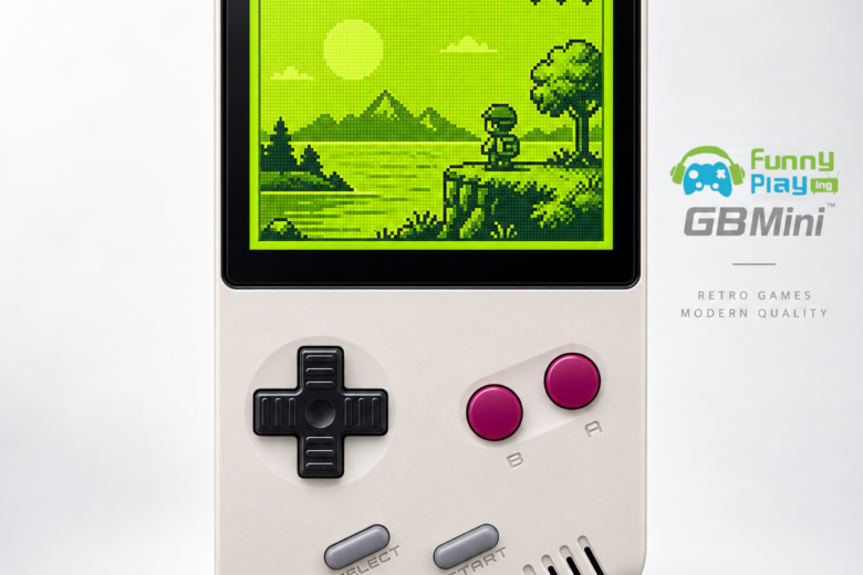 FunnyPlaying promotional rendering of a gray handheld with magenta buttons and a green game scene