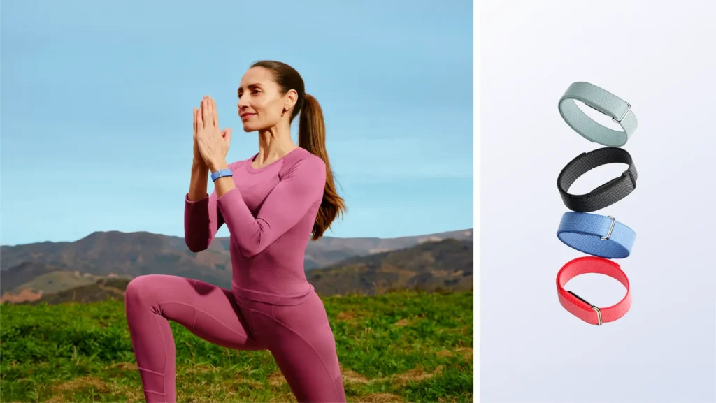 Google Fitbit Air screenless fitness tracker shown with interchangeable bands beside a woman exercising