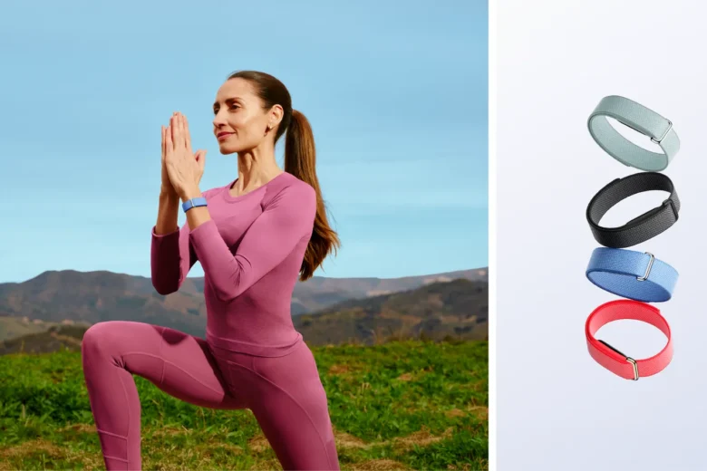 Google Fitbit Air screenless fitness tracker shown with interchangeable bands beside a woman exercising