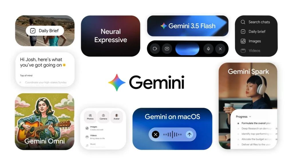 Google Gemini interface collage showing Gemini Spark, Daily Brief and Gemini 3.5 Flash