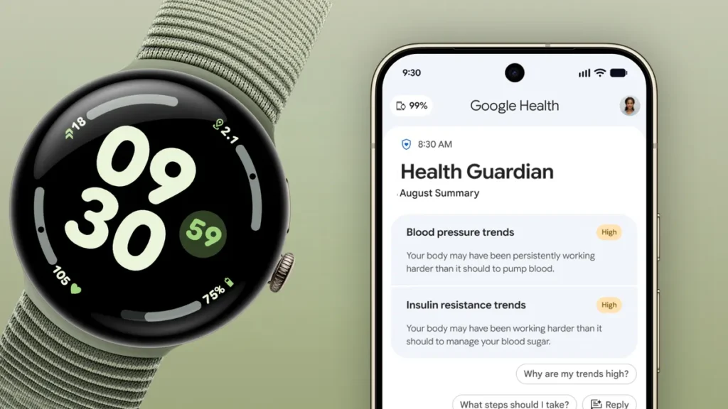 Official Google illustration of a Pixel Watch beside a phone showing Google Health trend dashboards
