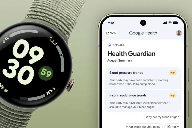 Official Google illustration of a Pixel Watch beside a phone showing Google Health trend dashboards
