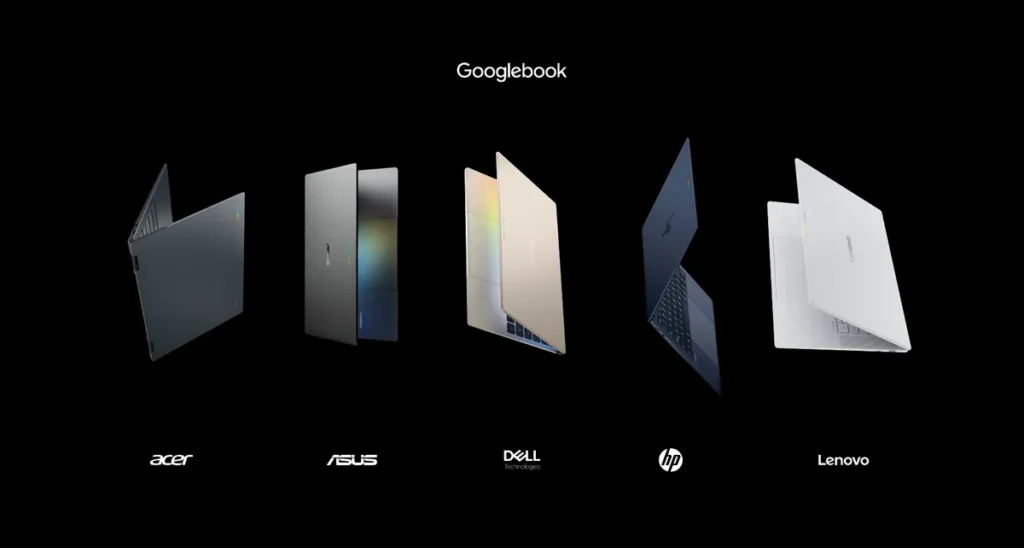 Five Googlebook laptops on a black background, labeled Acer, ASUS, Dell, HP and Lenovo