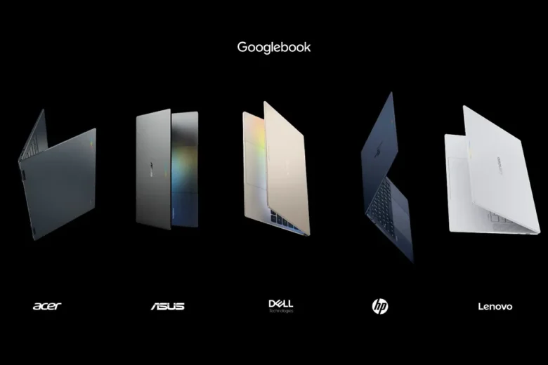 Five Googlebook laptops on a black background, labeled Acer, ASUS, Dell, HP and Lenovo