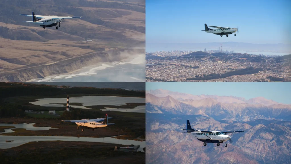 Four photographs of Joby's white Cessna Caravan aircraft flying above a coastline, a city, a lighthouse and mountains