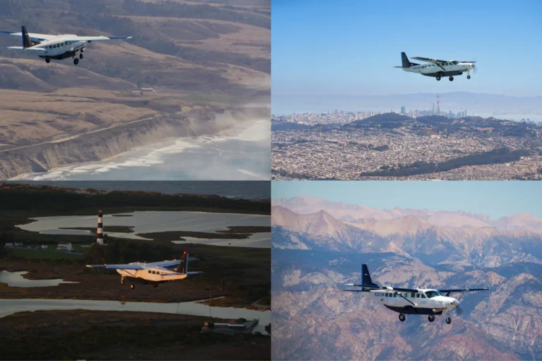 Four photographs of Joby's white Cessna Caravan aircraft flying above a coastline, a city, a lighthouse and mountains