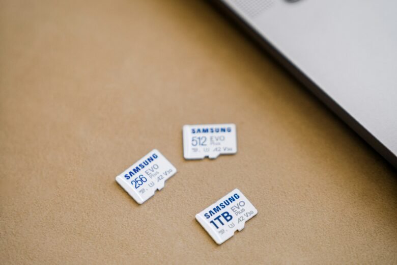 Laptop and memory cards illustrating laptop memory and storage planning