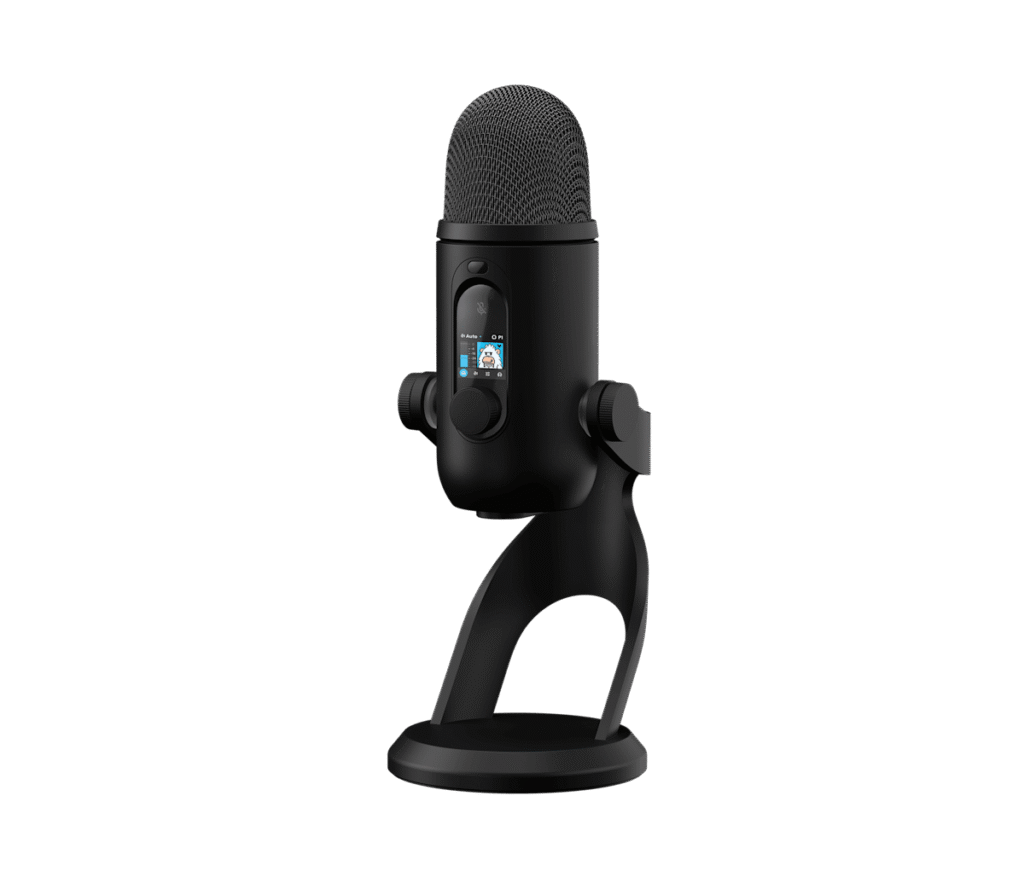 Black Logitech G Yeti 2 USB microphone on its desktop stand, showing the front LED display