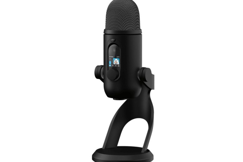 Black Logitech G Yeti 2 USB microphone on its desktop stand, showing the front LED display