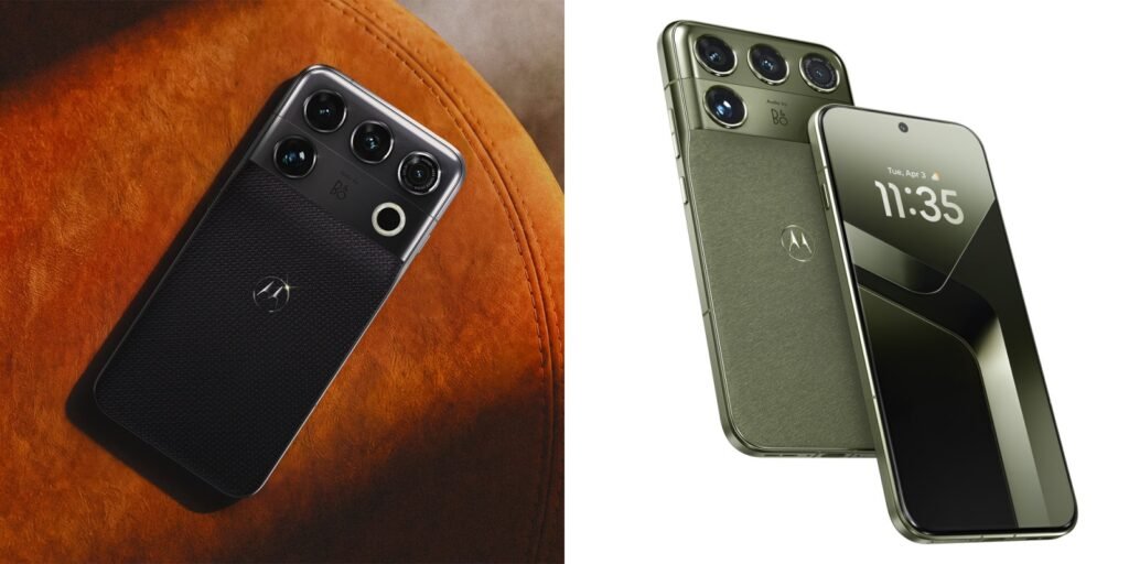 Motorola Signature 27 phones in dark woven and olive finishes, showing the rear camera array and front display