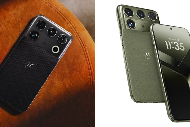 Motorola Signature 27 phones in dark woven and olive finishes, showing the rear camera array and front display