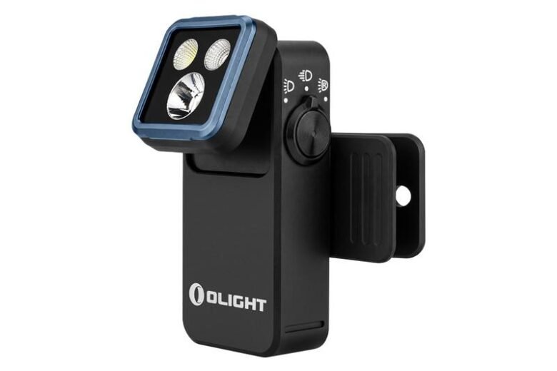 Official Olight product photo of a dark clip-on flashlight with a blue-trimmed adjustable head and side clip