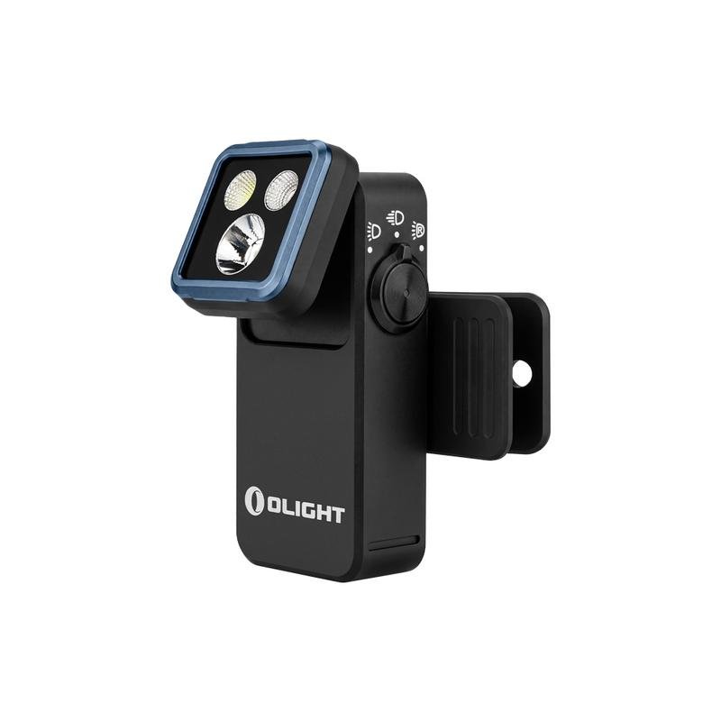 Official Olight product photo of a dark clip-on flashlight with a blue-trimmed adjustable head and side clip