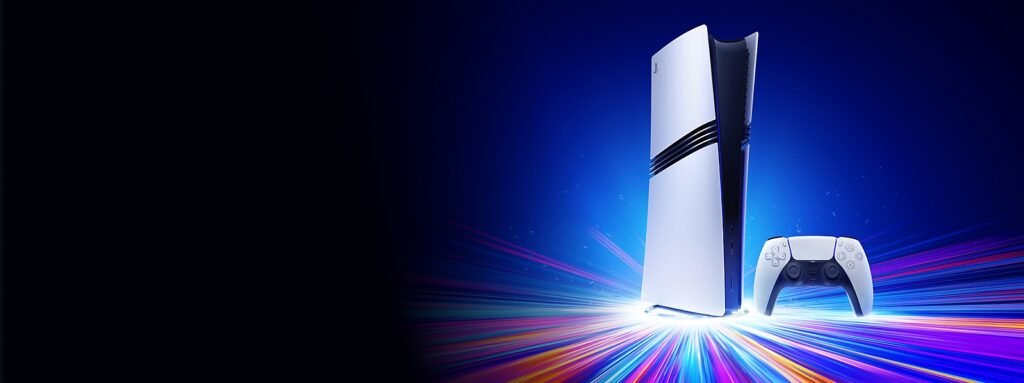 White PlayStation 5 Pro console and DualSense controller against a blue background with colorful light trails