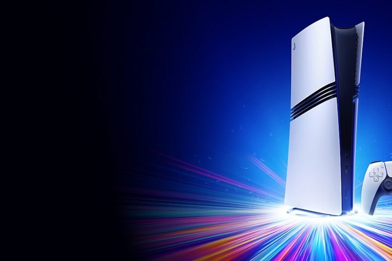 White PlayStation 5 Pro console and DualSense controller against a blue background with colorful light trails