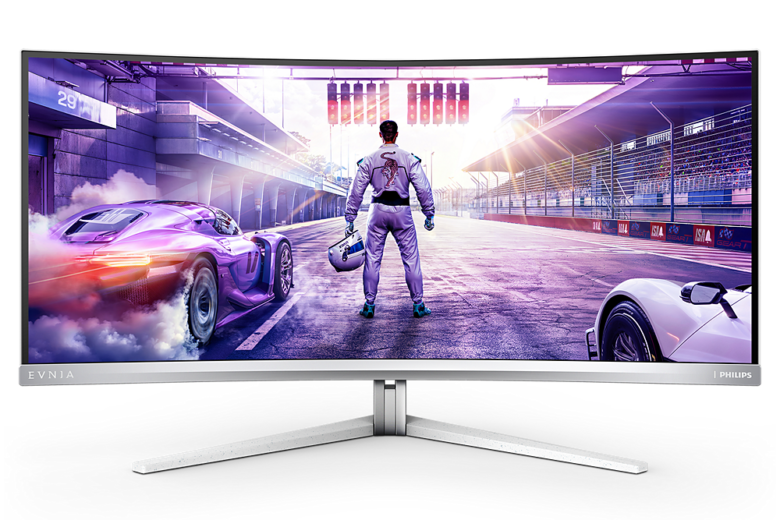 Official product render of a curved Philips Evnia ultrawide monitor on a silver stand, with illustrative racing imagery on screen