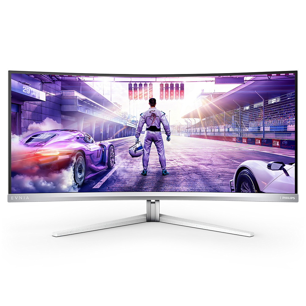 Official product render of a curved Philips Evnia ultrawide monitor on a silver stand, with illustrative racing imagery on screen