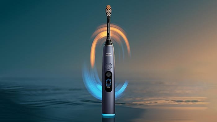 Storm Blue Philips Sonicare Next-Generation DiamondClean 9900 Prestige smart toothbrush showing its on-handle mouth map