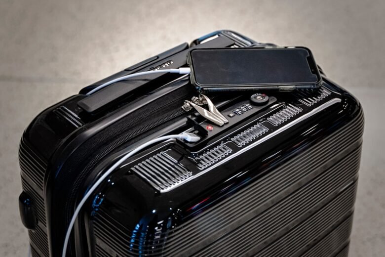 Smartphone connected by cable to a charging port on carry-on luggage