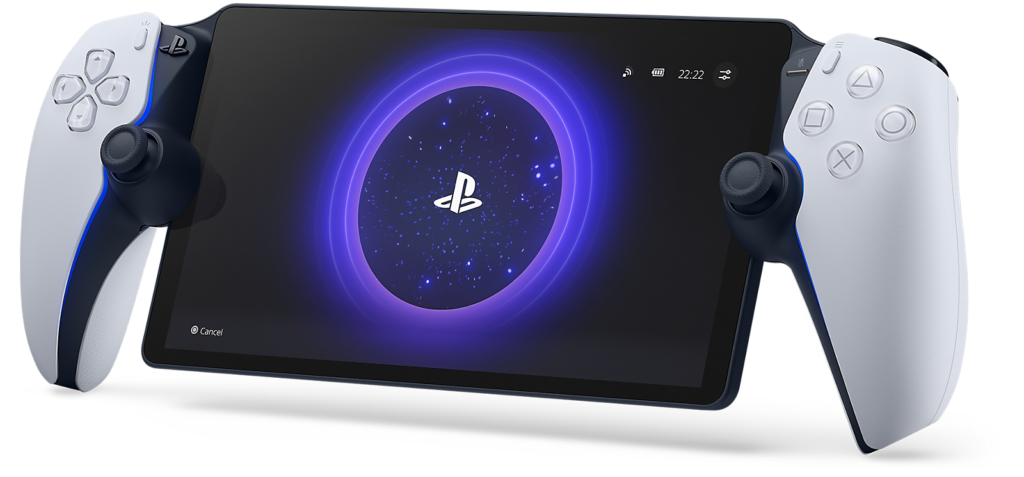 White PlayStation Portal Remote Player displaying the PlayStation startup screen