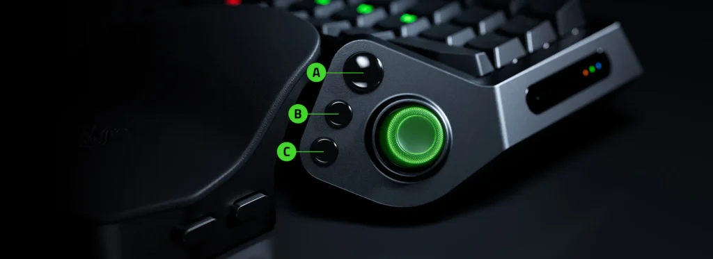 Official Razer Tartarus V2 Pro image showing the green thumbstick and three labeled side buttons