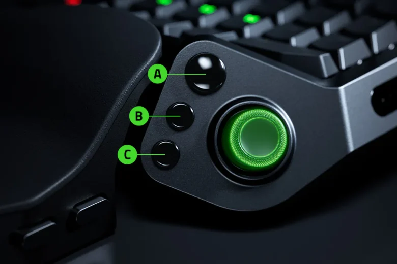 Official Razer Tartarus V2 Pro image showing the green thumbstick and three labeled side buttons