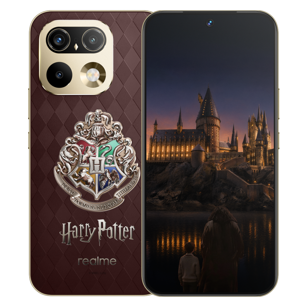 Front and back views of the Realme 16 Pro 5G Harry Potter Edition, showing its dark red patterned back, Hogwarts crest and castle lock screen